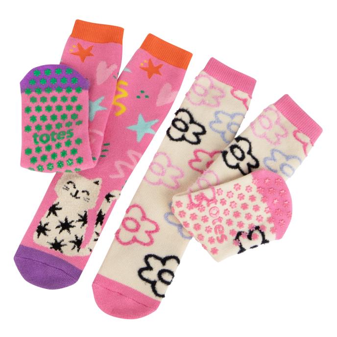 totes toasties® Kids Original Slipper-Sox (Twin Pack) Cat With Flower Extra Image 2